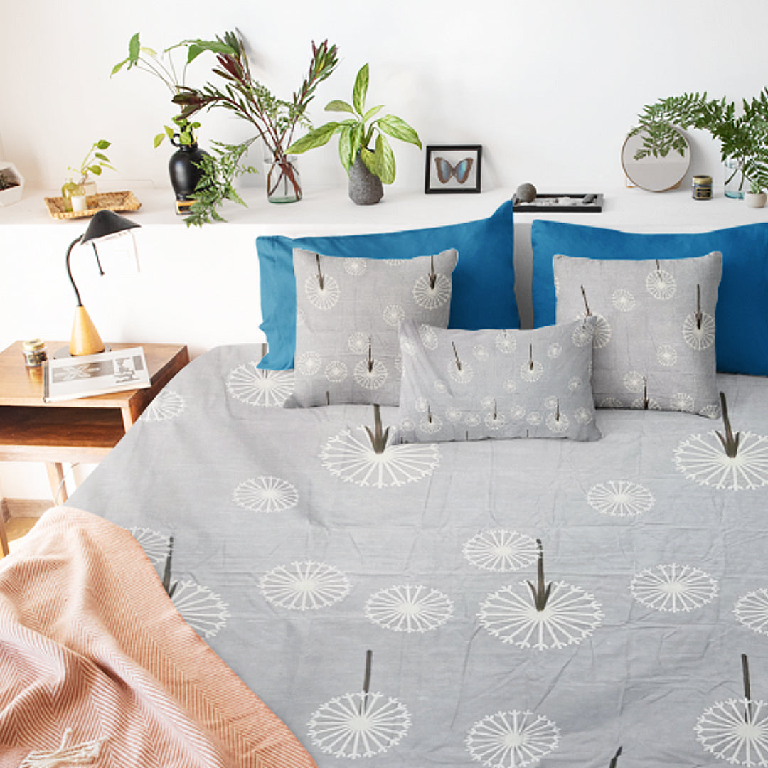 Grey Colour Flower Design Bedsheets Set