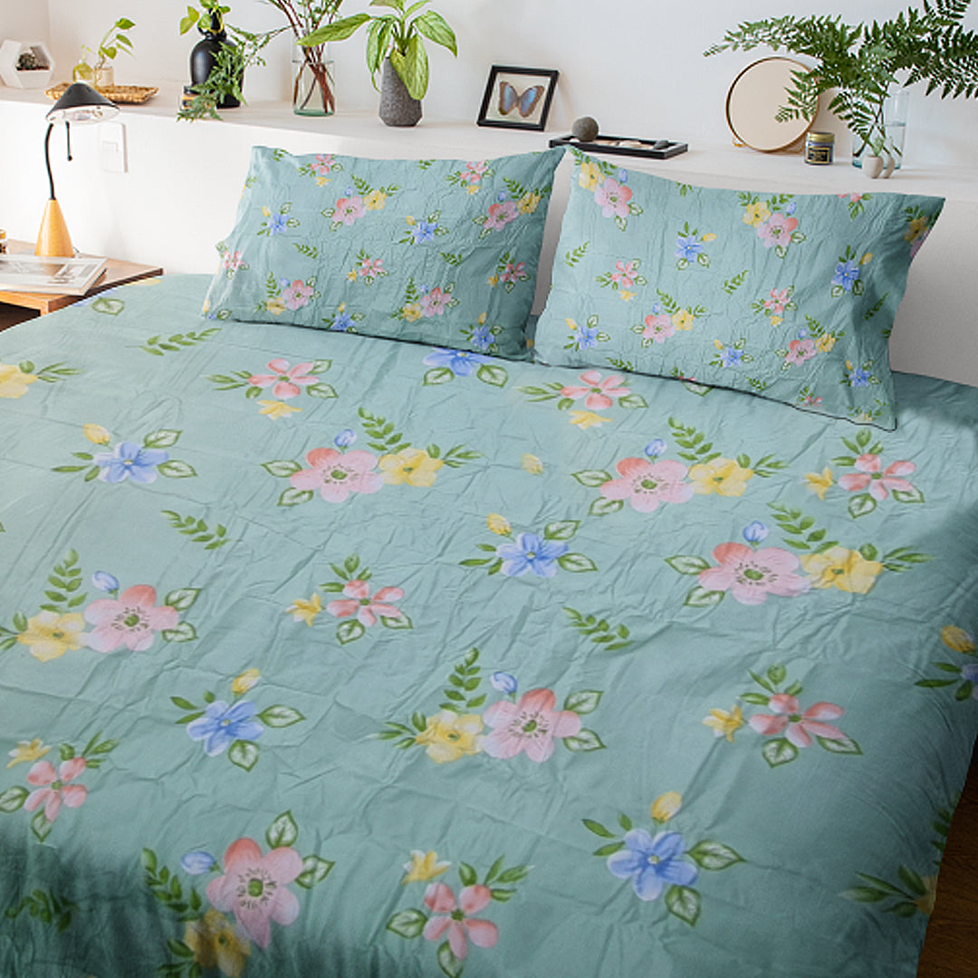 Flower Printed Green Colour Bedsheets Set