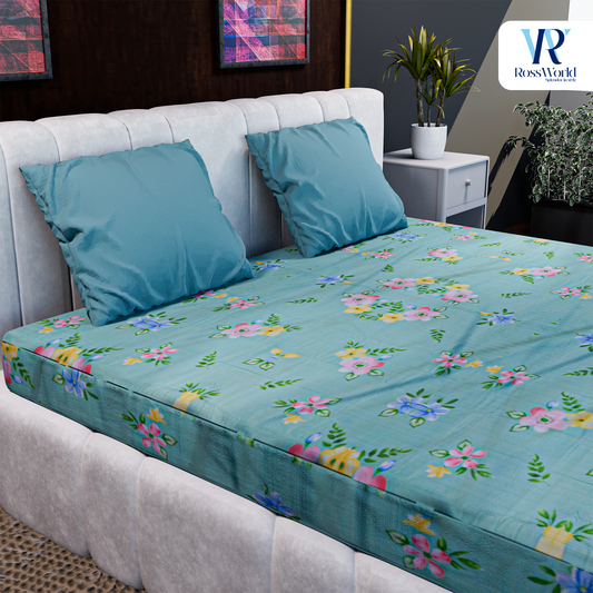 Flower Printed Green Colour Bedsheets Set